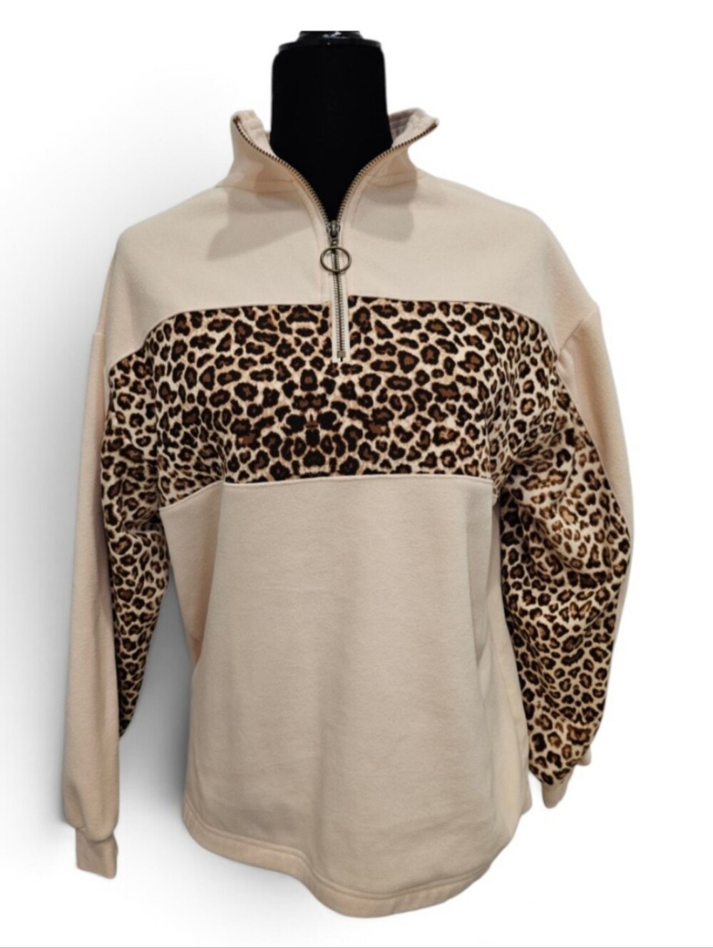 Entro, Beige Leopard-Print Half-Zip Pullover Sweatshirt, Size Small